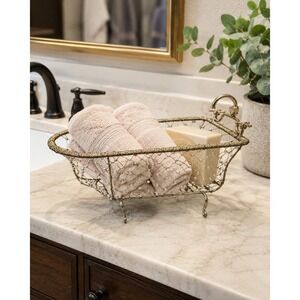 Gold Wire Beaded Clawfoot Bathtub Basket Bathroom Vanity Caddy Towel Soap Holder